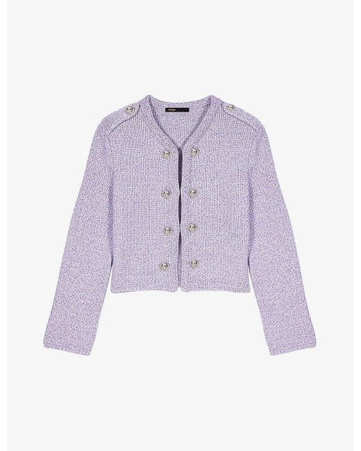 Maje Purple Button-embellished Tweed Stretch-knit Cardigan