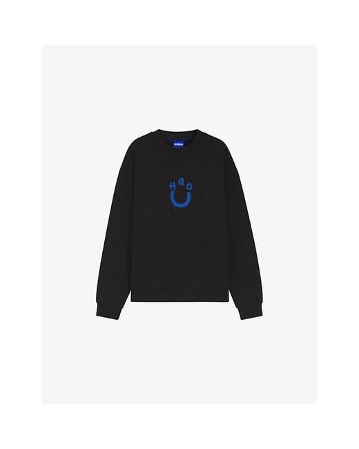 HUGO Black Happy Brand-Print Cotton-Terry Sweatshirt for men