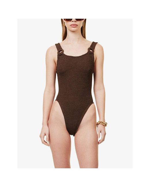 Hunza G Brown Domino Square-neck Scoop-back Swimsuit