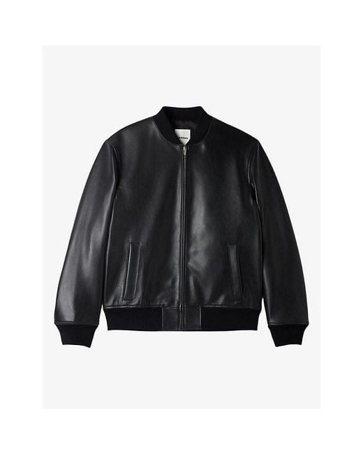 Sandro Black Zipped Regular-Fit Leather Bomber Jacket for men