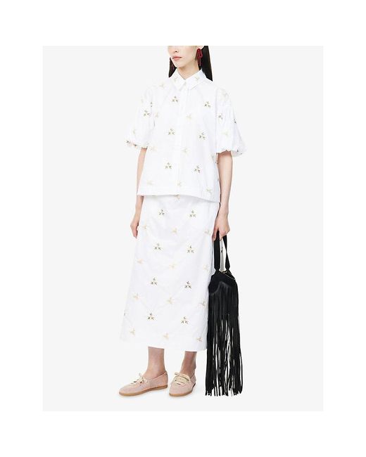 Simone Rocha White Ripple Floral-Embroidered Cotton Midi Skirt