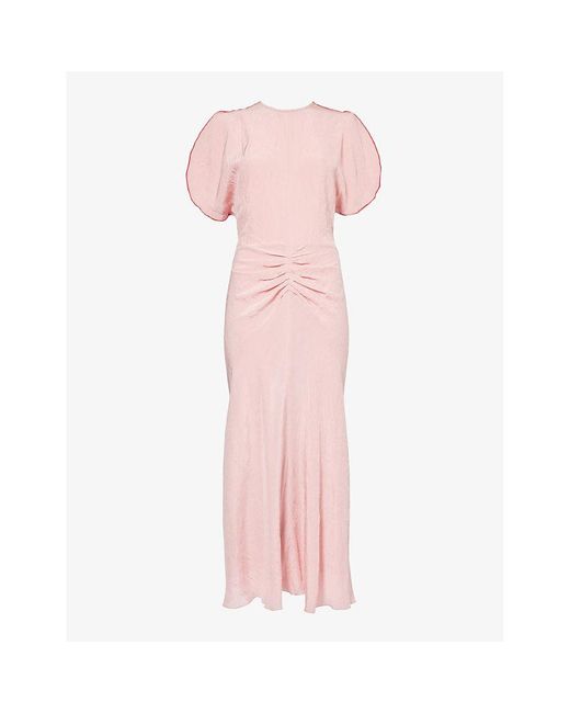 Victoria Beckham Pink Fluid-sleeve Ruched-waist Crepe Midi Dress