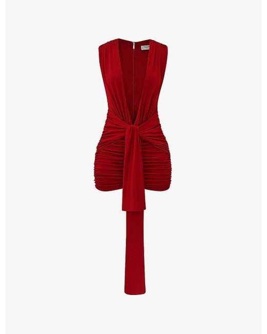 House Of Cb Red Aliza Wrapped-belt Stretch-woven Mini Dress