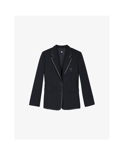 The Kooples Black Notched-Lapels Embroidered-Motif Wool-Blend Jacket