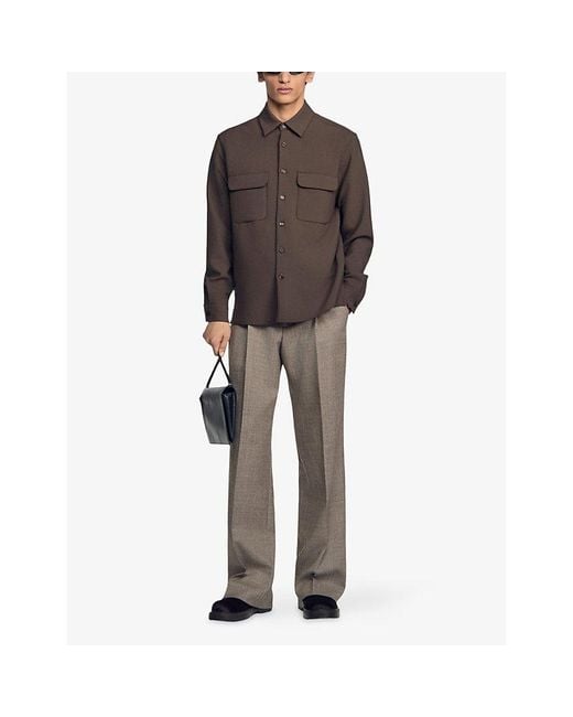 Sandro Brown Long-Sleeved Chest-Pocket Woven Shirt for men