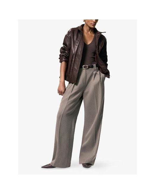 Reiss Brown Kiara Oversized Leather Bomber Jacket
