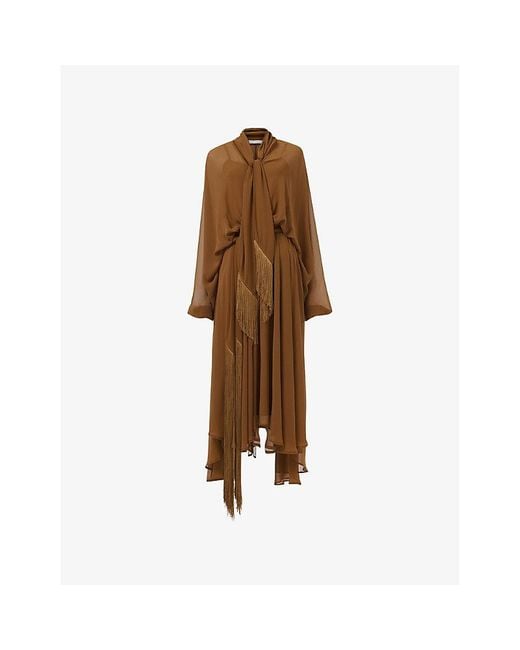 eem Brown Fringed-Trim Woven Midi Dress