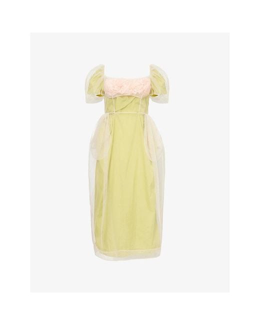Simone Rocha Yellow Carnation-Bust Puff-Sleeve Tulle Midi Dress