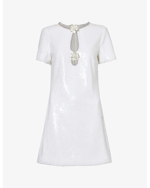 Self-Portrait White Floral-broach Sequin-embellished Woven Mini Dress