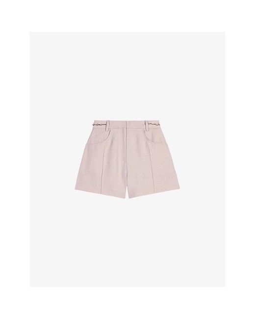 Maje Pink Curb-chain High-rise Linen And Cotton-blend Shorts