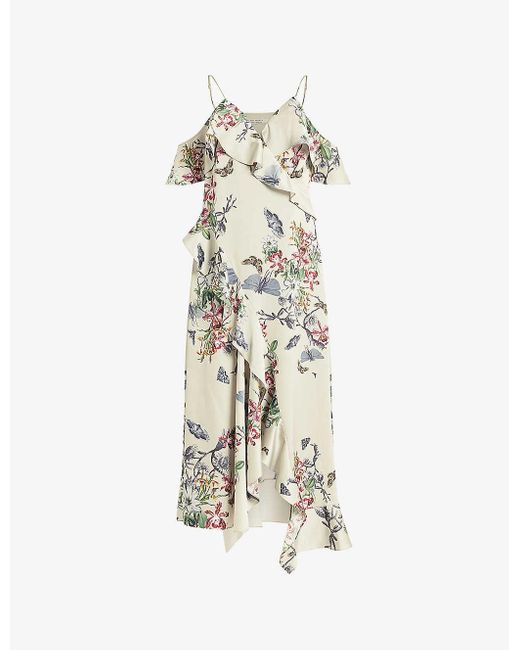 AllSaints White Orion Floral-print Ruffle-trim Recycled-polyester Midi Dress