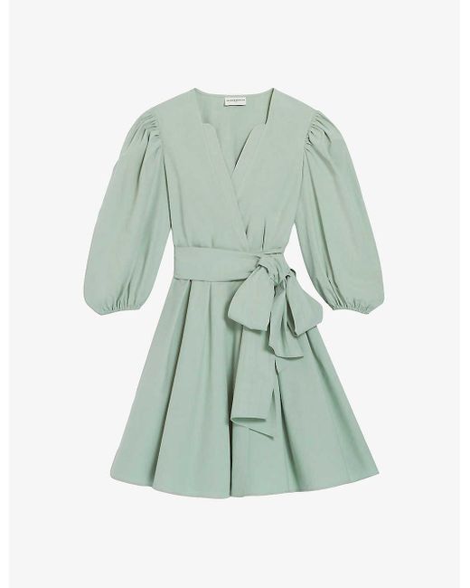 Claudie Pierlot Green Wrap-front Puff-sleeve Cotton Mini Dress