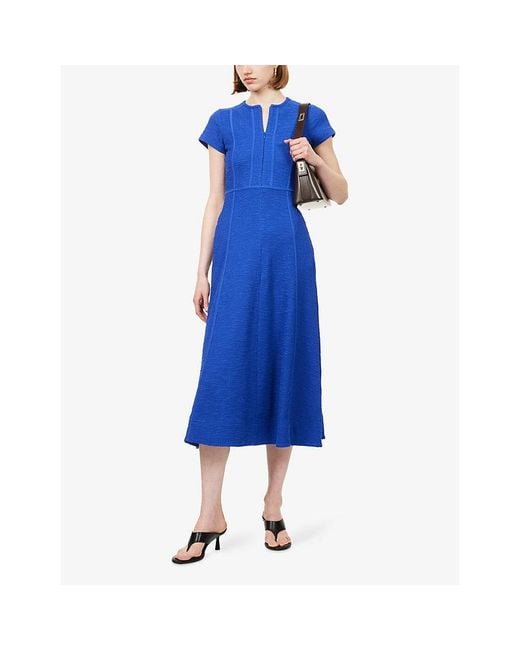 ME+EM Blue Fit-And-Flare Short-Sleeve Cotton-Blend Maxi Dress