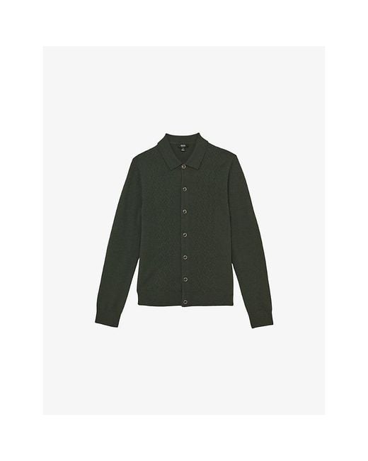 Reiss Green Gideon V-Stitch Wool Knitted Cardigan for men