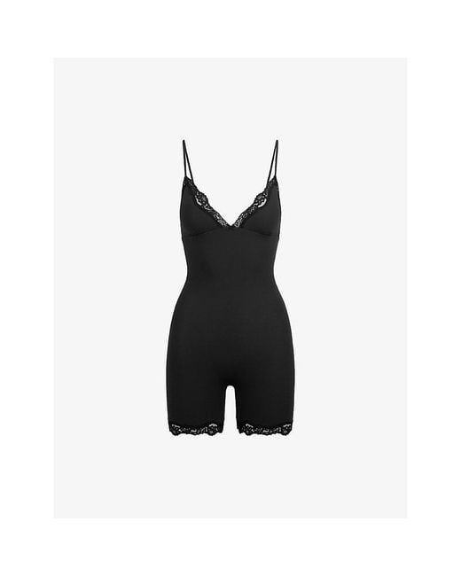 Skims Black Fits Everybody Triangle Lace Jersey Playsuit