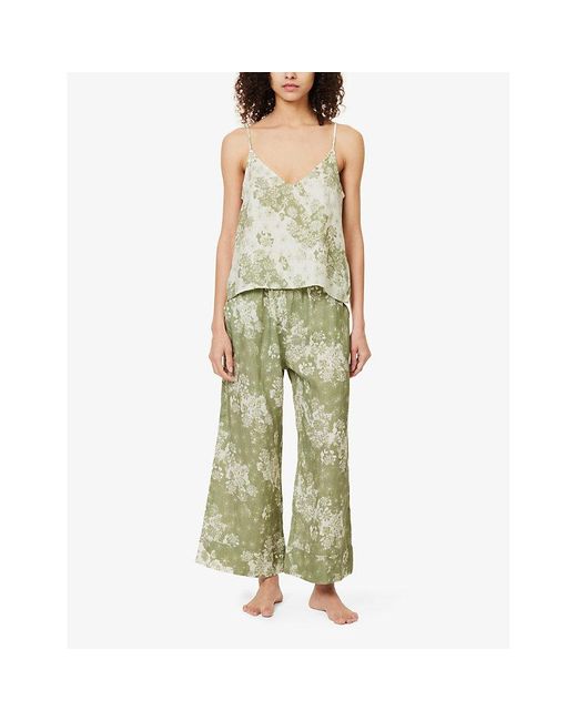 Desmond & Dempsey Green Floral-print Wide-leg Linen Pyjama Set