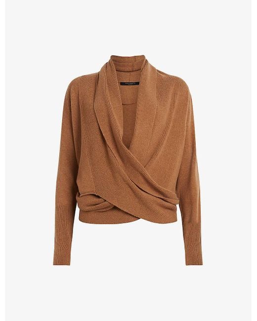 AllSaints Brown Pirate Wrap-over Recycled Cashmere-blend Cardigan