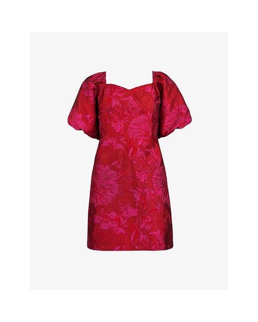 Ro&zo Red Lola Jacquard Puff-Sleeve Woven Mini Dress