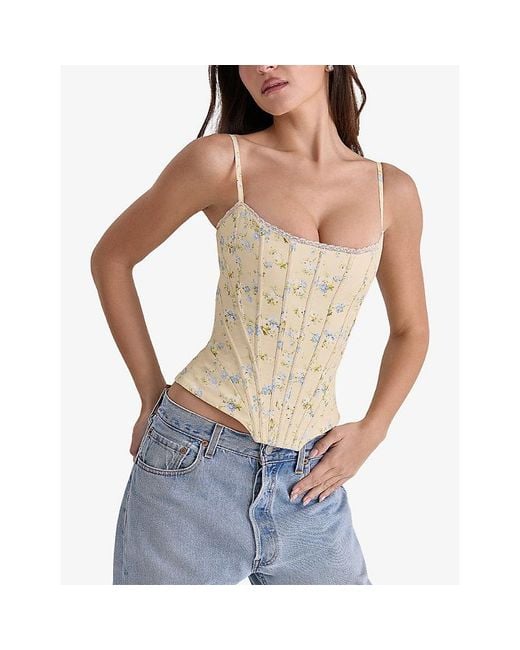 House Of Cb Yellow Cadie Floral-Print Cotton Corset Top Xs (A-C Cup)