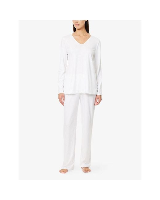 Hanro White Long-Sleeves Straight-Leg Cotton-Jersey Pyjama Set