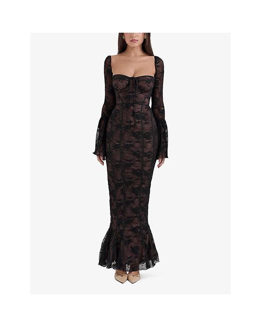 House Of Cb Black Delilah Corseted Lace Maxi Dress