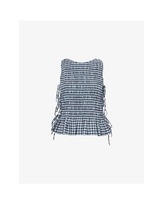 Ganni Blue Seersucker Tie-Side Check Woven Top