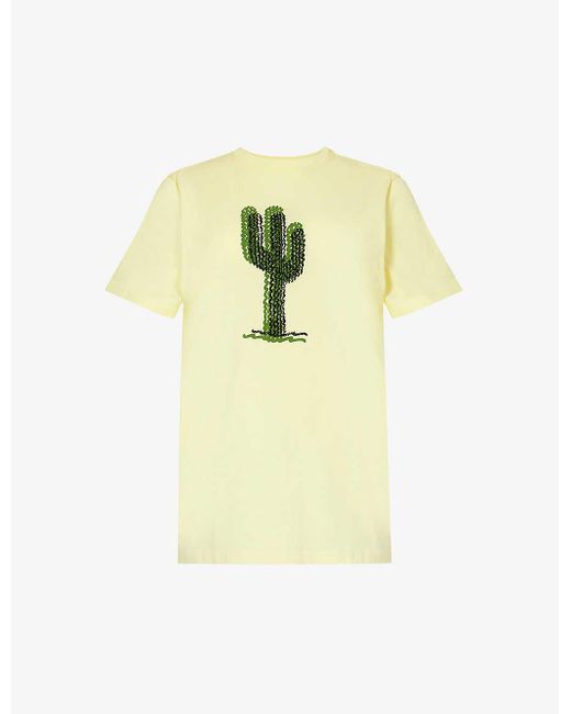 Bella Freud Yellow Cactus-embroidered Regular-fit Cotton-jersey T-shirt