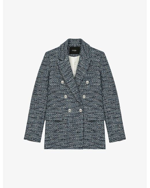 Maje Volly Double-breasted Tweed Cotton-blend Blazer in Blue | Lyst