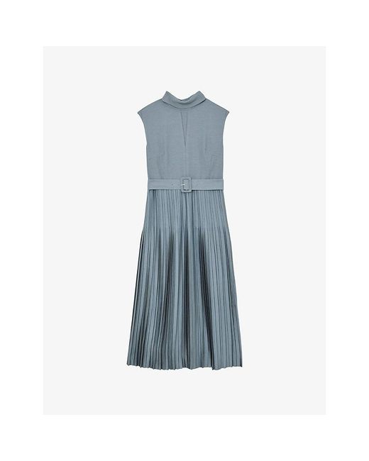 Reiss Blue Ania Pleated-Skirt Woven Midi Dress