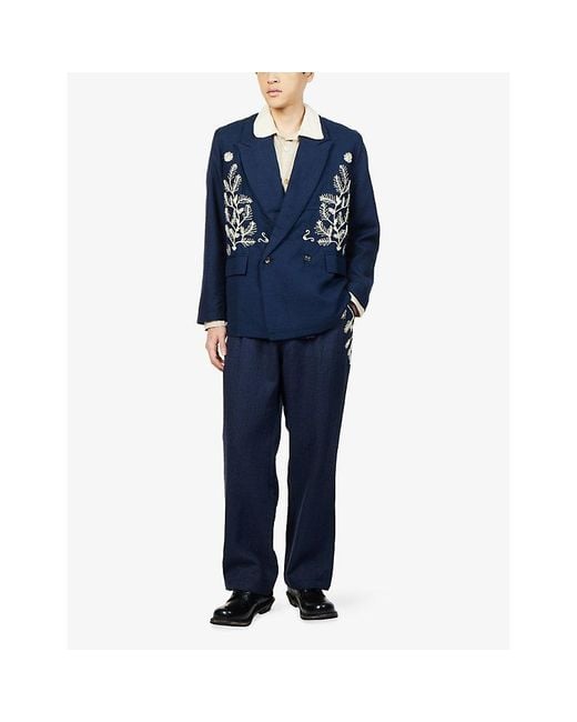 Kartik Research Blue Floral Motif Embroidered Double-Breasted Wool Blazer for men