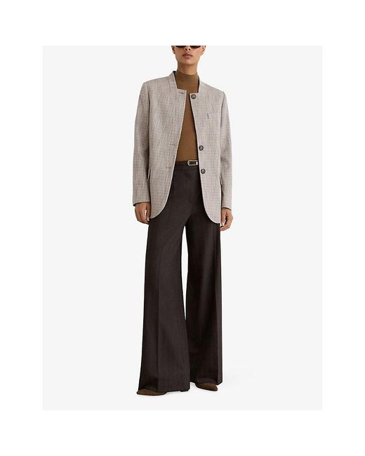 Reiss Gray Gia Collarless Checked Stretch Wool-Blend Jacket