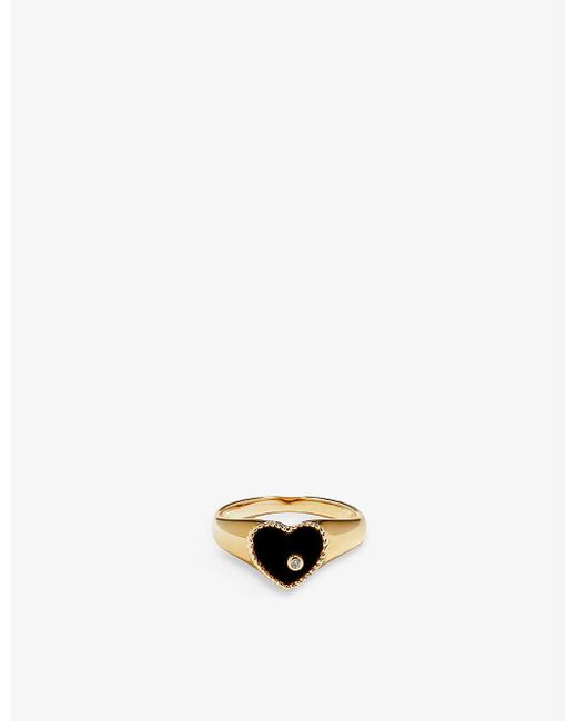 Yvonne Léon White Chevaliere Coeur 9ct Yellow-gold, 0.03ct Brilliant-cut Diamond And 0.35ct Onyx Signet Ring