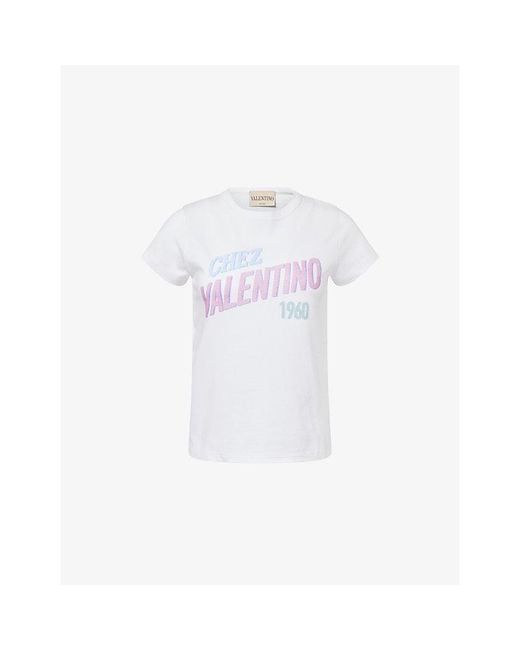 Valentino White Text-Print Round-Neck Cotton T-Shirt