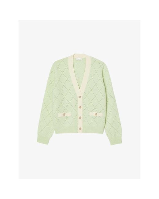Sandro Green Contrast-trim Pointelle-stitch Knitted Cardigan