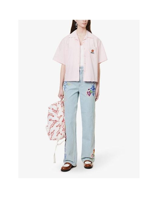 KENZO Blue Sumire Drawn Flowers Floral-embroidered Wide-leg Mid-rise Jeans