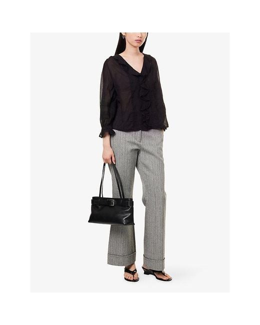 ME+EM Blue Ruffle-Trim V-Neck Cotton-Voile Blouse