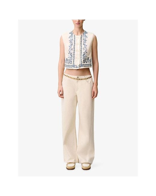 Claudie Pierlot White Floral-Pattern Sleeveless Linen Short Jacket