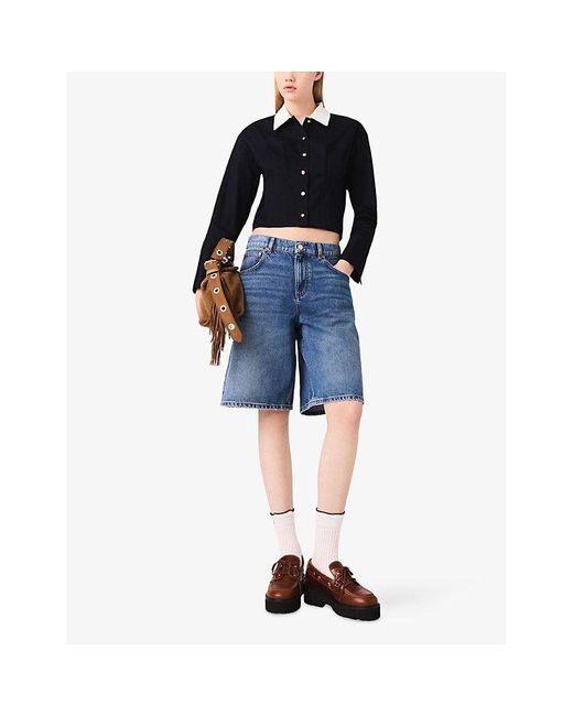 Maje Blue Contrast-Collar Cropped Stretch-Cotton Poplin Shirt