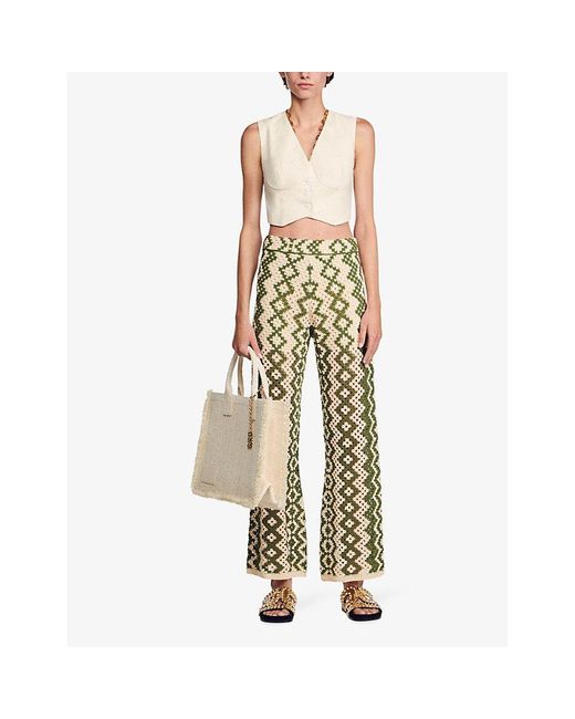 Sandro White Geometric-print Straight-leg Mid-rise Cotton-blend Trousers