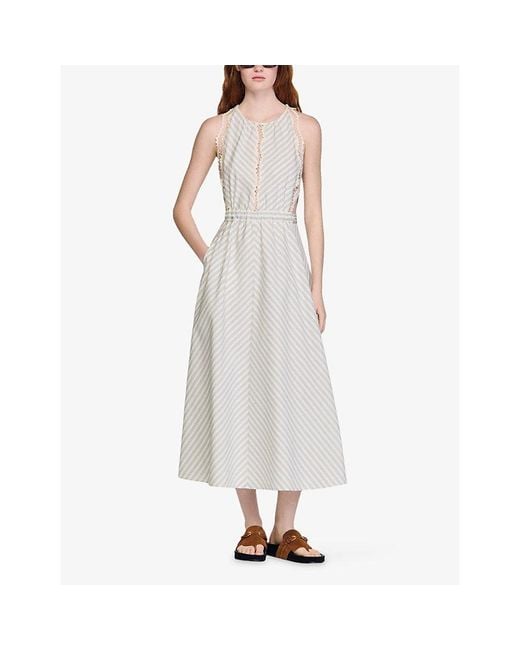 Sandro White Striped Contrast-Trim Cotton Maxi Dress