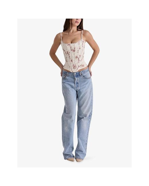 House Of Cb White Cadie Graphic-Print Satin Corset Top