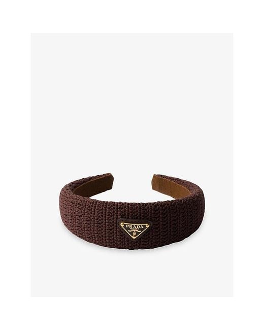 Prada Brown Logo-Plaque Crochet-Knit Cotton Headband
