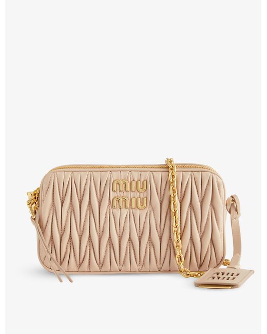 Miu Miu Branded Matelassé Leather Crossbody Bag in Natural Lyst