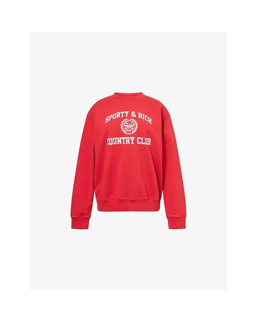 Sporty & Rich Red Varsity Crest Brand-Print Cotton-Jersey Sweatshirt