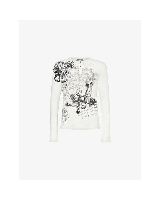 Jaded London White Gothic Waffle Henley Long-Sleeves Regular-Fit Cotton T-Shirt for men