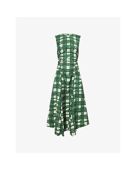Stine Goya Green Checked Gathered Stretch-Woven Midi Dress