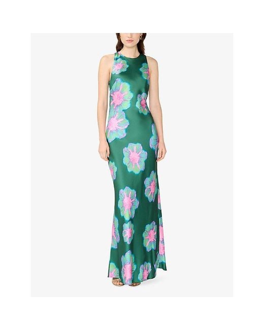 OMNES Green Jai Floral-Print Satin Maxi Dress