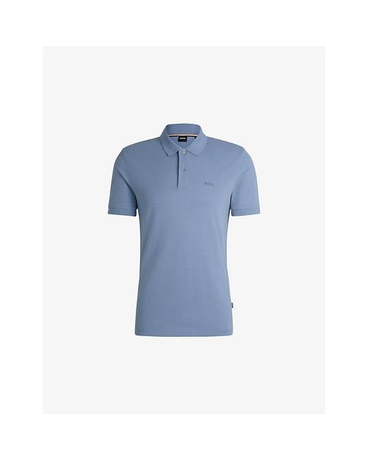 Boss Blue Logo-Embroidered Brand-Tab Regular-Fit Cotton-Piqué Polo Shirt for men