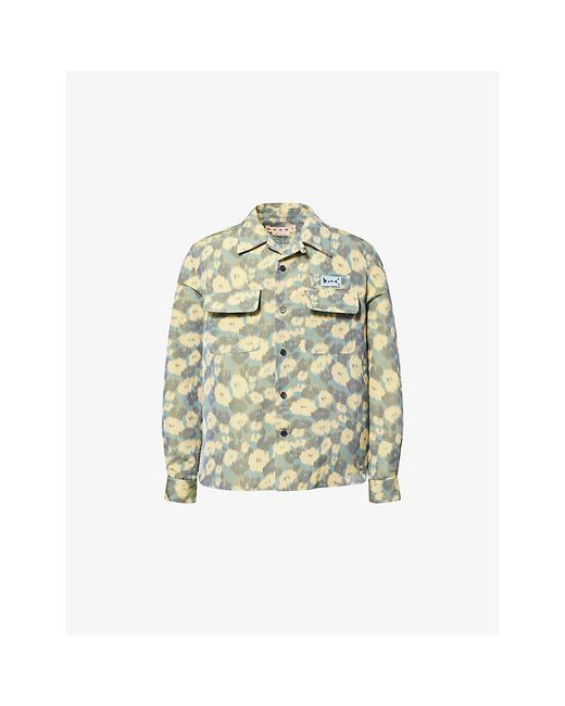 Marni Green Floral-Print Long-Sleeve Linen-Blend Shirt for men