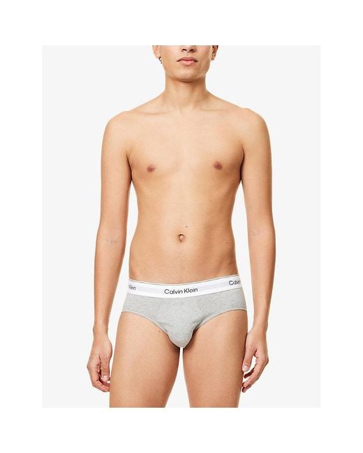 Calvin Klein White Heather, Blk Icon Logo-Waistband Pack Of Three Stretch-Cotton Hip Briefs for men